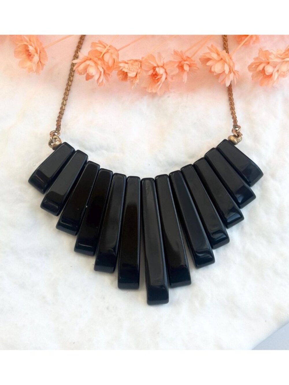 Onyx Stone Modernist Tapered Gold Filled 70's Vintage Pendant Necklace - 15"